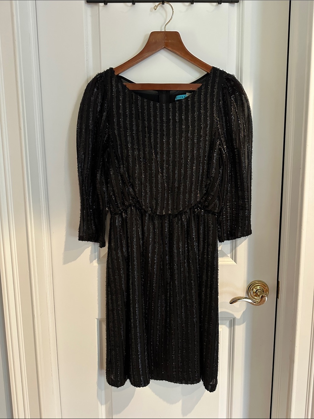 Alice + Olivia Black Glitter Stripe Long Sleeve Dress